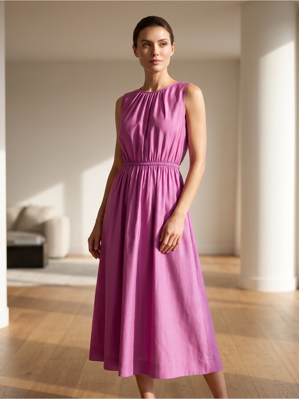 Ann Taylor Sleeveless Midi Dress with a Touch of Vibrant Pink Hue